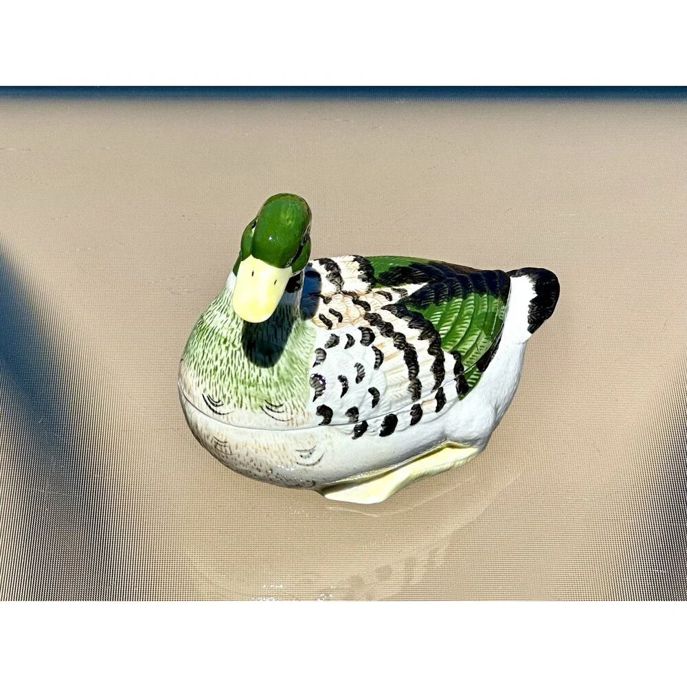 Vintage Porcelain Male Mallard Duck Figural Trinket Box/ Small Candy Dish  6” L